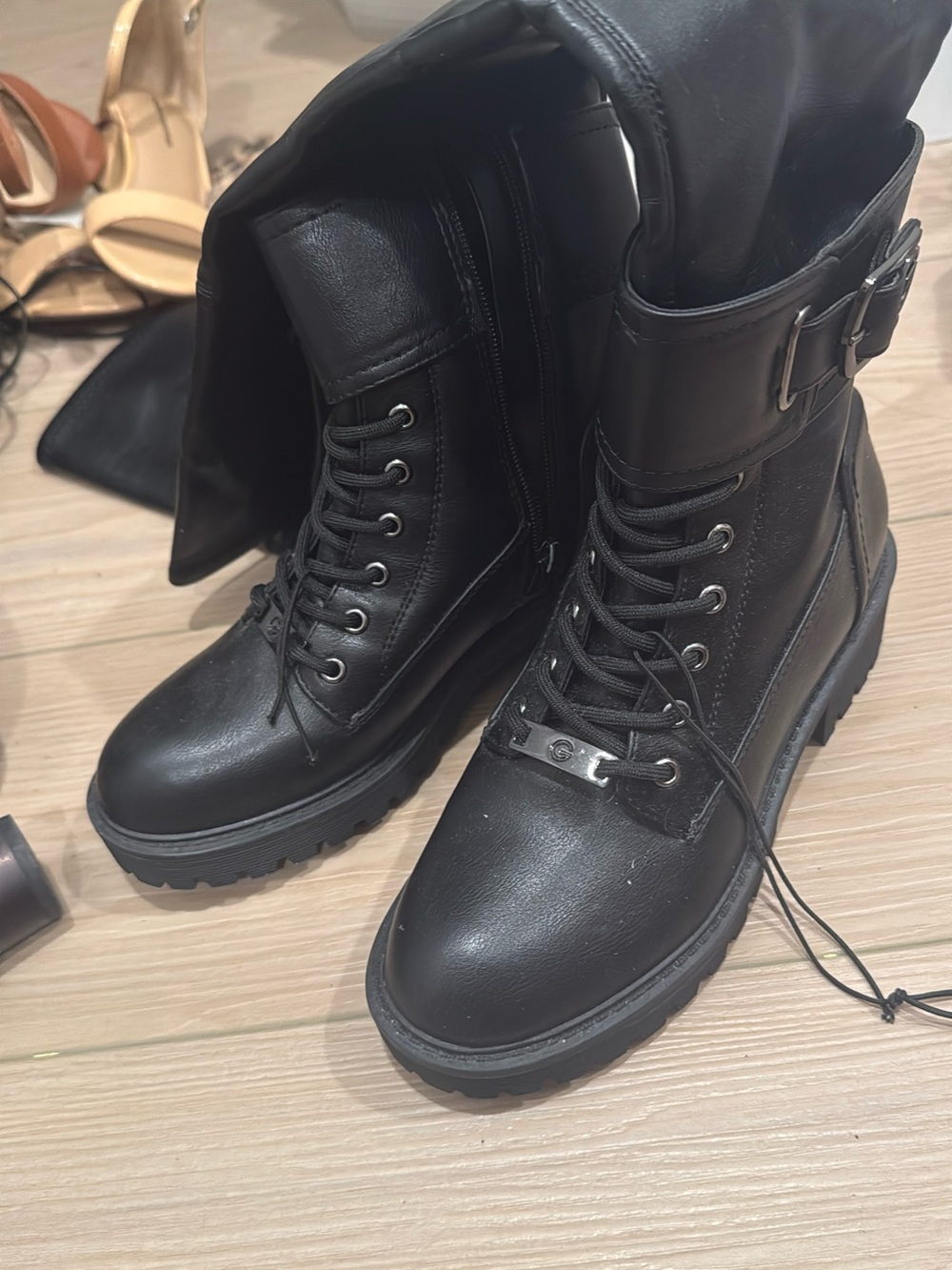 G by Guess Black Lace-Up Buckle Combat Boots